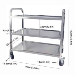 Stainless steel serving trolley with 3 shelves