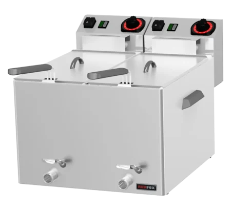 Elektrische dubbele visfriteuse 0,43 kW/l, 8+8 l tafelmodel met afvoer 230 V | REDFOX - FE 88 V