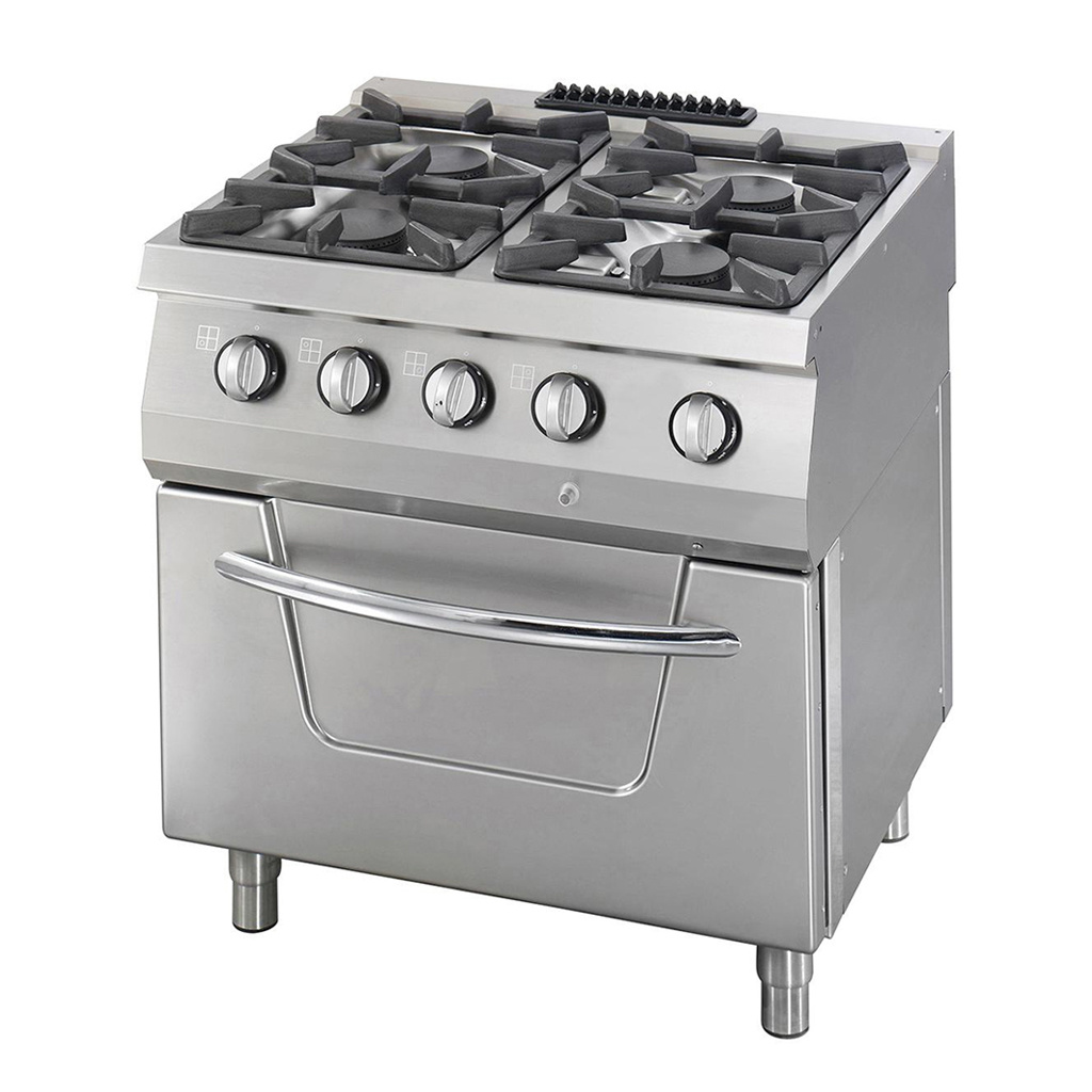 Cuisinière professionnelle - 4 brûleurs - double four - profondeur 70 cm - 37 kW - gaz avec four intégré